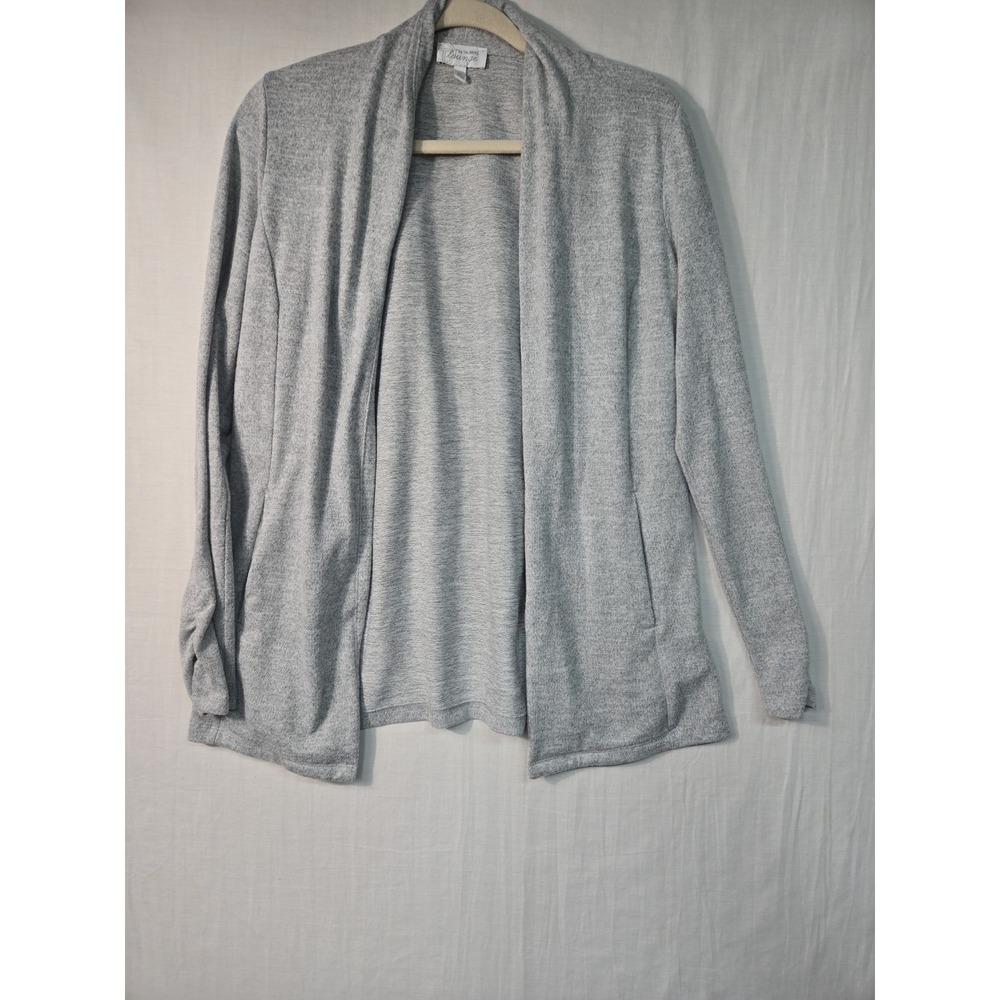 T by Talbots Women's Cardigan Size S Open Front Knit Gray Pockets Ruched Sleeves